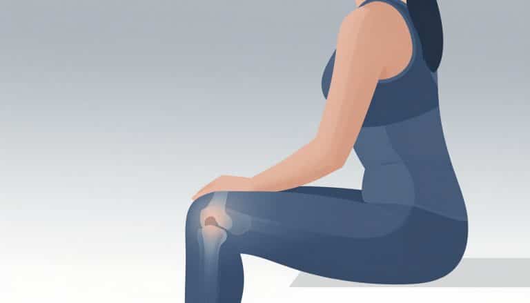 Une femme assise montre un genou droit gonflé, avec un petit kyste illustré derrière.