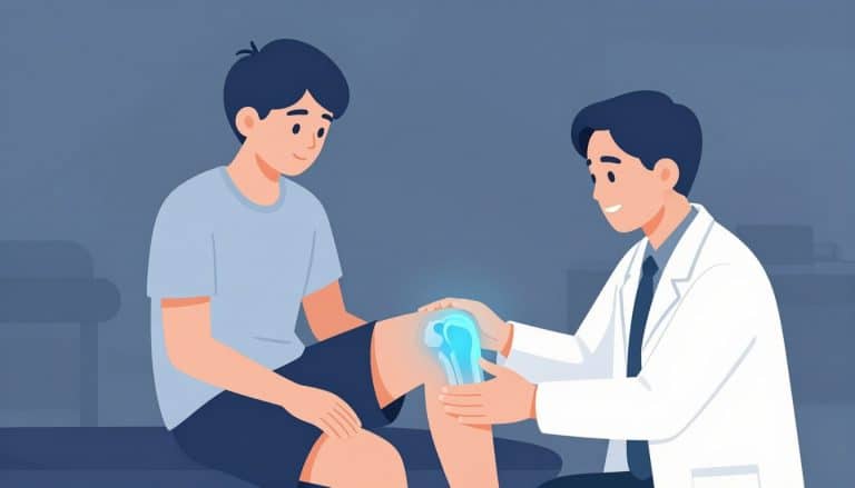 Un adolescent fait examiner son genou droit par un chirurgien, avec le ménisque illustré en bleu.