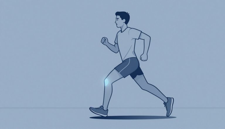 Un coureur sur un sentier avec le côté du genou éclairé en bleu.