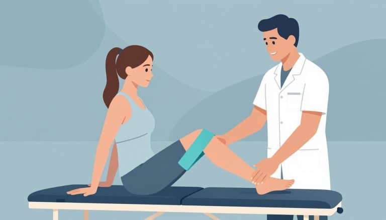 Une femme étire son genou avec une bande, accompagnée par un kinésithérapeute.