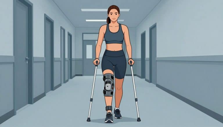 Une femme avance avec une béquille et une attelle grise au genou dans un couloir médical.