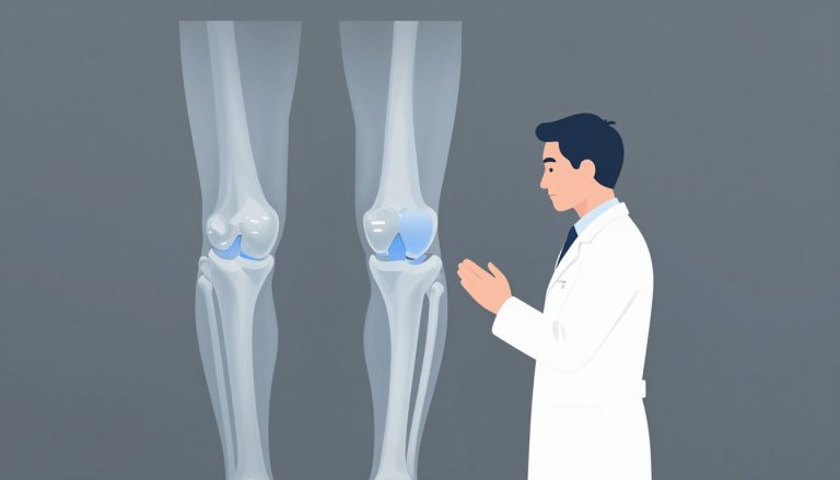 Un chirurgien observe un modèle de genou présentant trois compartiments en bleu.