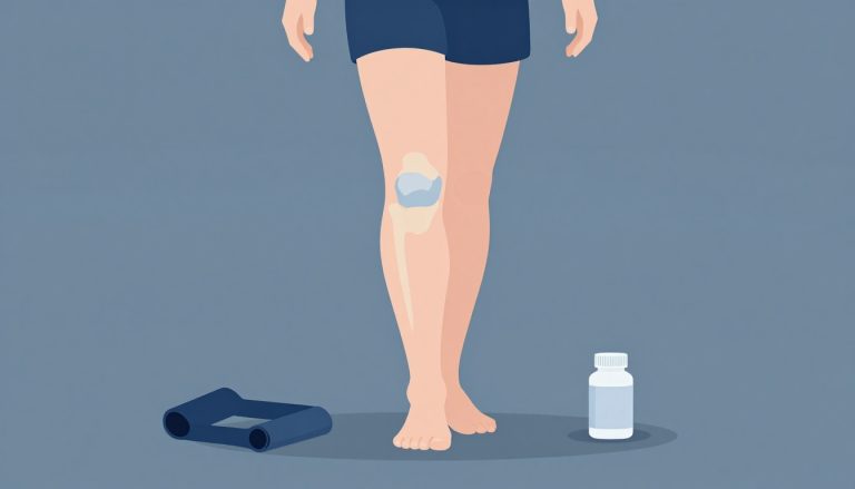 Illustration d’un genou fléchi avec trois zones bleues, un élastique et un flacon de médicament.