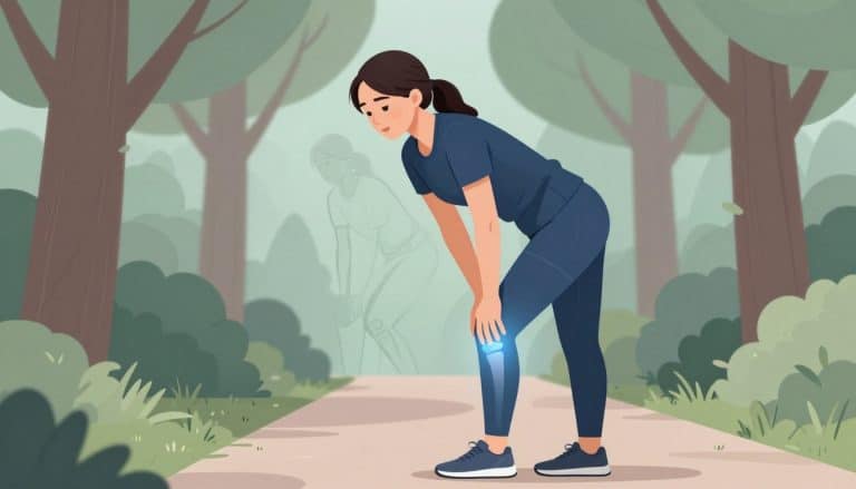 Une sportive touche l’arrière de son genou droit sur un chemin arboré.