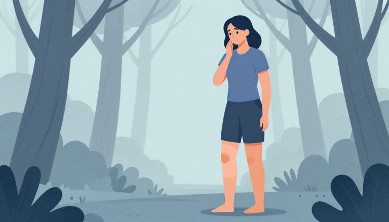 Une femme soutient son genou droit gonflé sur un sentier forestier.