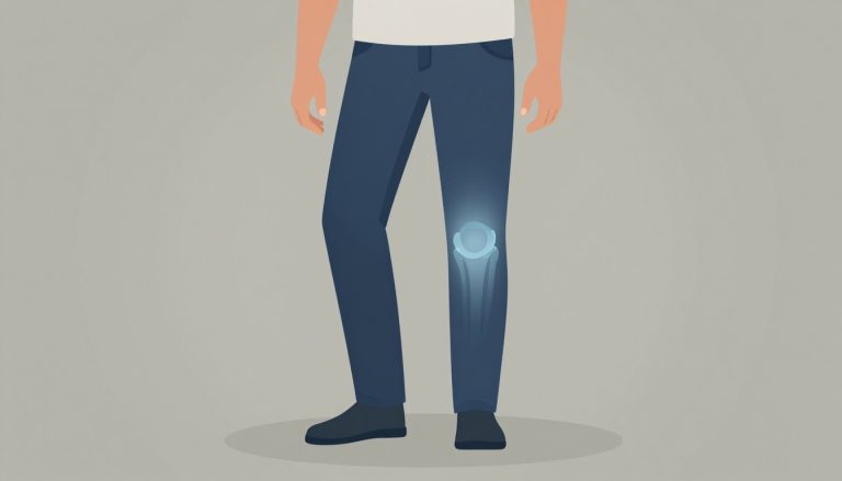 Un homme boite, avec un halo bleu autour du genou gauche.