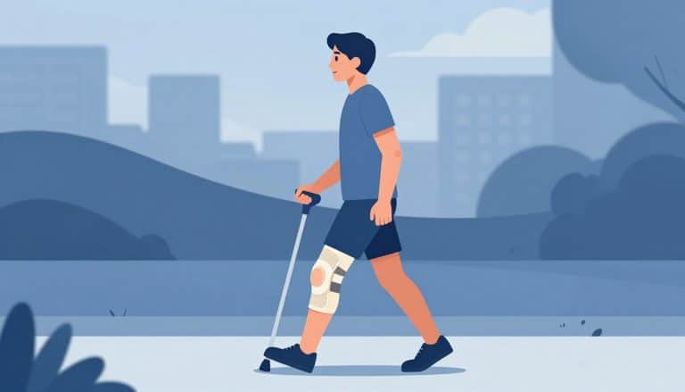 Un adulte marche lentement avec une genouillère et une béquille sur un chemin pavé.