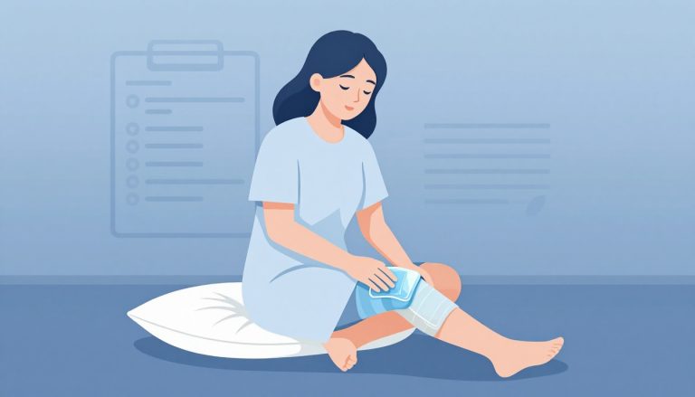Une femme assise avec le genou opéré surélevé sous une poche de glace.