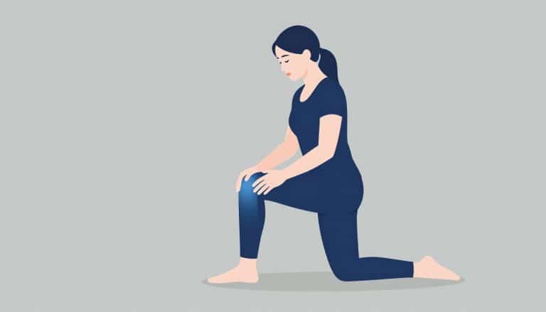 Une femme assise fléchit doucement un genou marqué en bleu.