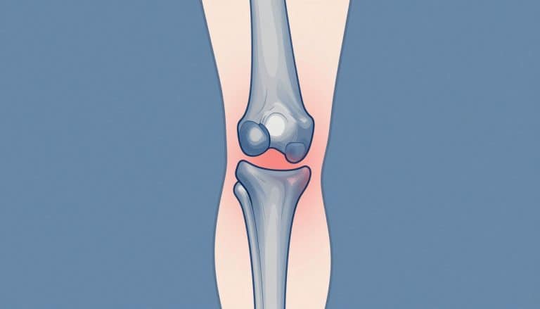 Illustration d’un genou de profil avec un tendon patellaire bleu et une zone rouge d’inflammation.