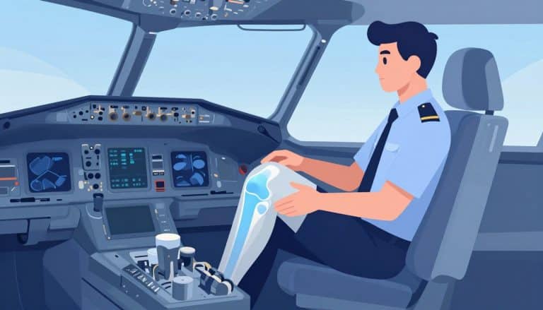 Pilote en uniforme montrant un genou gauche mis en évidence dans le cockpit.