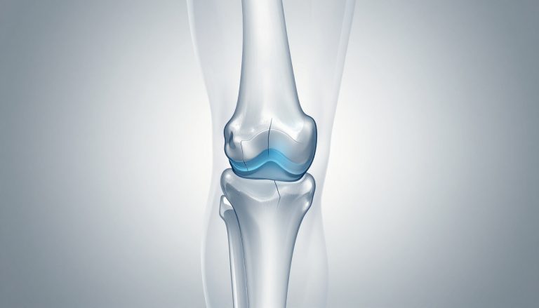 Un genou de face montre un cartilage usé et une fine fissure bleue sur le tibia.