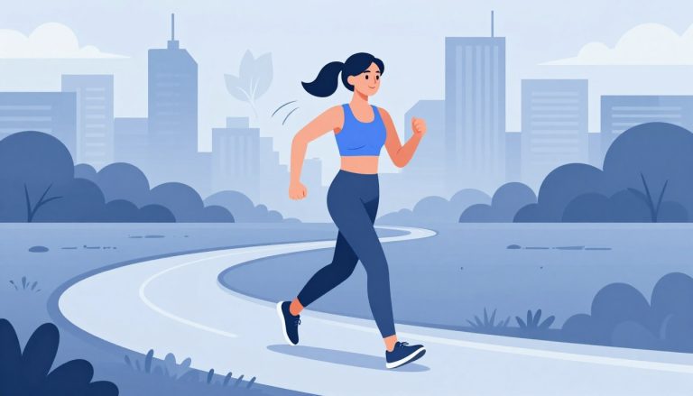 Une femme court sur un chemin de parc, avec des immeubles et une jauge de calories stylisée en arrière-plan.