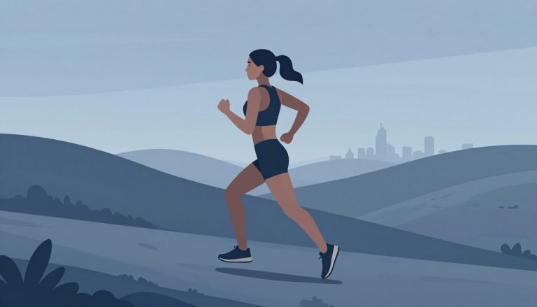 Une coureuse en montée au lever du soleil, avec les muscles des jambes légèrement dessinés.