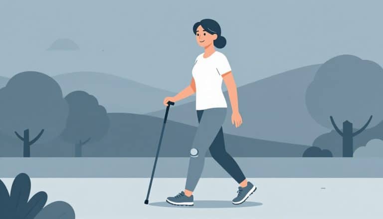 Une femme marche dans un parc avec une canne, sur un chemin bordé d’arbres.