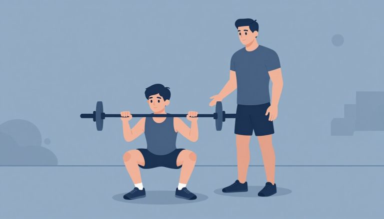 Un adolescent fait un squat avec une barre vide, accompagné par un entraîneur.