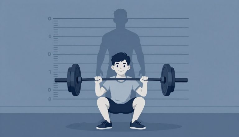 Un adolescent souriant fait un squat avec une barre légère dans une salle de sport.