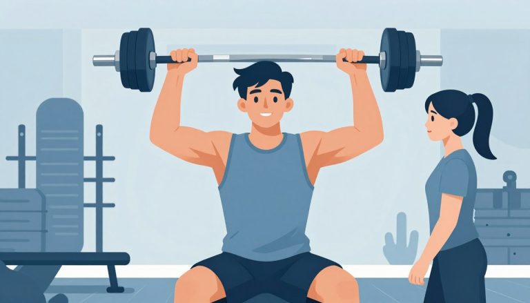 Un adolescent soulève des haltères sous le regard d’une entraîneuse dans une salle de sport.