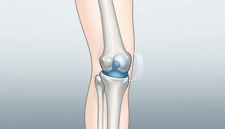 Illustration de profil d’un genou montrant le tendon rotulien en bleu et une zone de blocage.