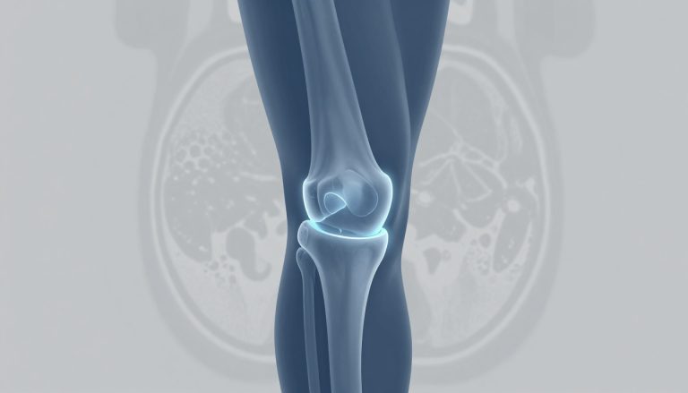 Genou en couches anatomiques avec tendon patellaire bleu et motifs d’IRM en arrière-plan.