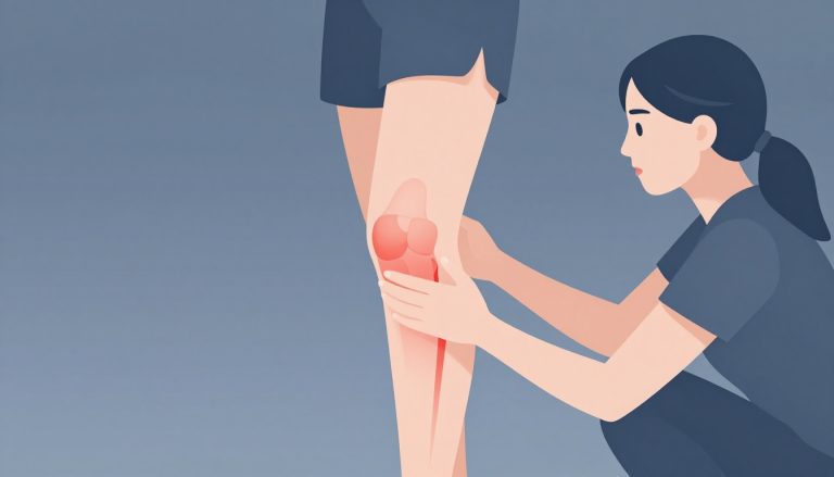 Une coureuse se tient le genou, dont les tendons sont représentés en rouge.