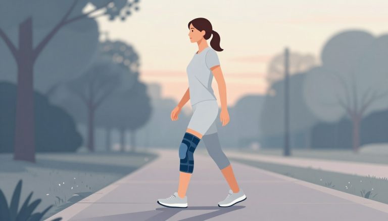 Une femme marche sur un chemin pavé avec une genouillère au genou droit.