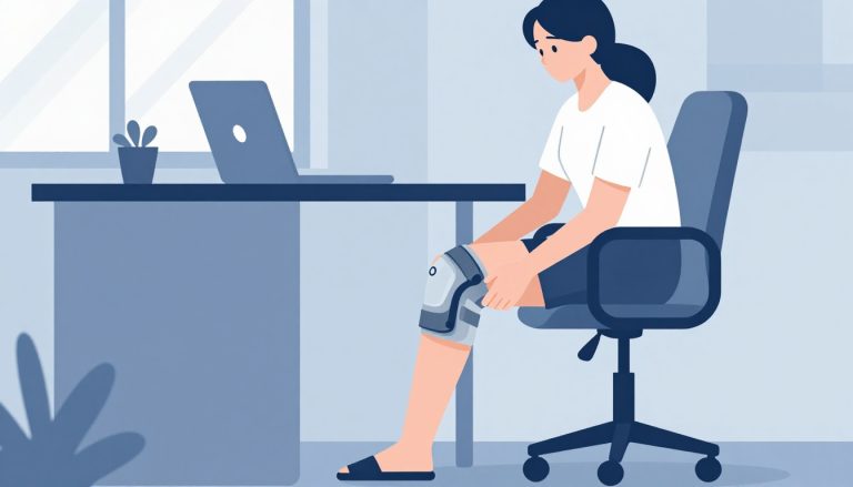 Une femme assise ajuste une genouillère grise à son genou droit, près d’un ordinateur et d’une plante.