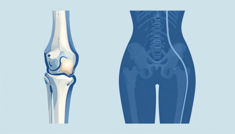 Illustration d’un genou usé et du trajet du nerf sciatique dans la jambe.