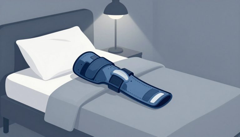 Une genouillère bleutée repose sur l’oreiller blanc d’un lit éclairé par une lampe.