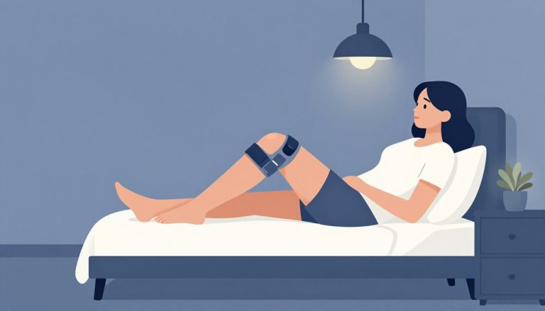 Une femme dort sur le côté avec une genouillère dans une chambre éclairée par une lampe.