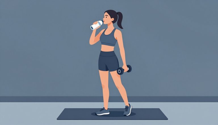 Une femme tient un haltère, un tapis de yoga et une bouteille d’eau dans une salle de sport.