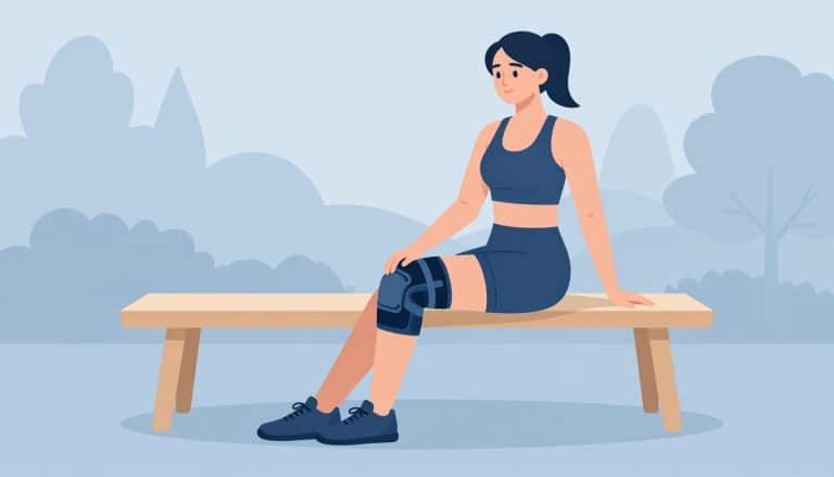 Une sportive assise sur un banc étire doucement son genou droit avec une genouillère.