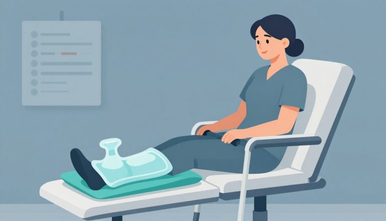 Femme assise, jambe droite surélevée sur un coussin avec une poche de glace et des béquilles.