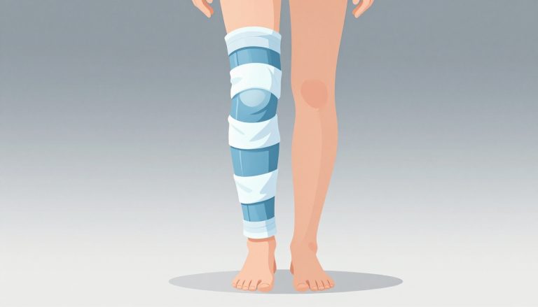 Jambe illustrée avec une poche de glace sur un genou gonflé.