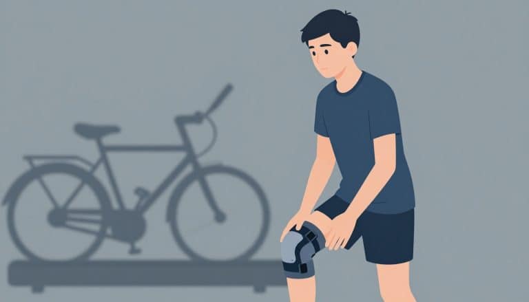 Un adolescent avec une genouillère se tient sur un tapis roulant arrêté.