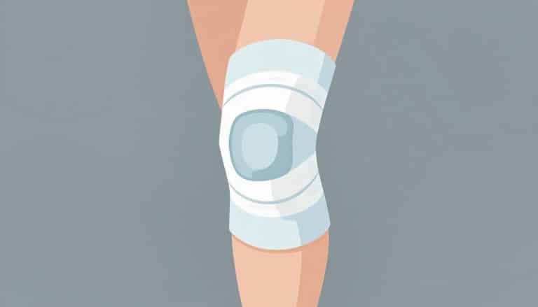 Une jambe montre un genou légèrement fléchi, entouré d’une bande élastique claire.