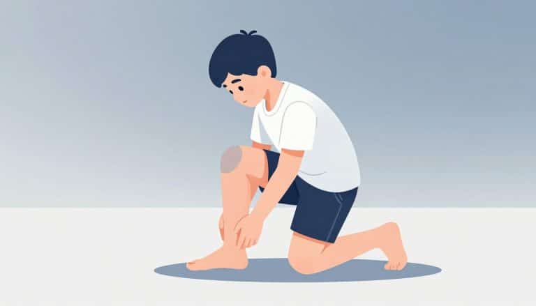 Un adolescent étire son quadriceps droit à genou sur un tapis.