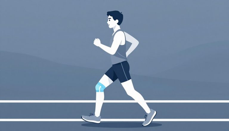Coureur de profil avec une sangle bleue autour du genou.