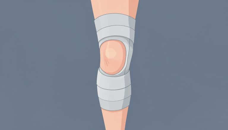 Illustration d’un genou légèrement gonflé, fléchi et entouré d’un bandage gris.