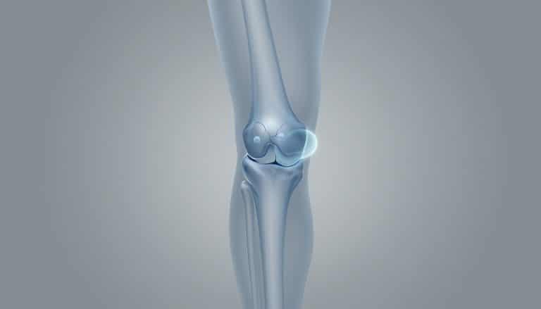 Un genou légèrement fléchi, avec une bulle translucide près de la rotule.