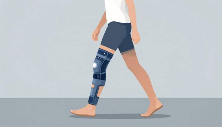 Une femme marche avec une genouillère bleue au genou gauche.