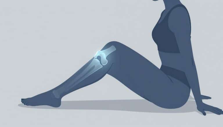 Une sportive assise avec le genou droit mis en évidence par une zone bleutée.