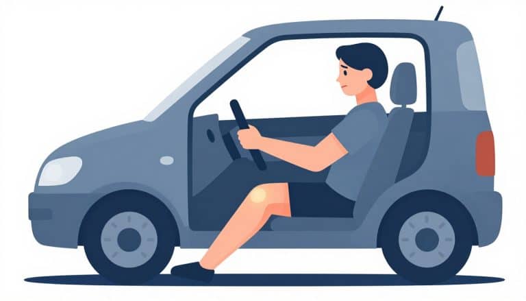 Conductrice avec le genou gauche gonflé et plié dans une voiture.