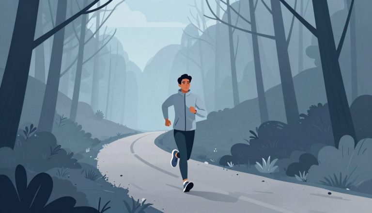 Une coureuse avance sur un sentier forestier dont la trace s’efface derrière elle.
