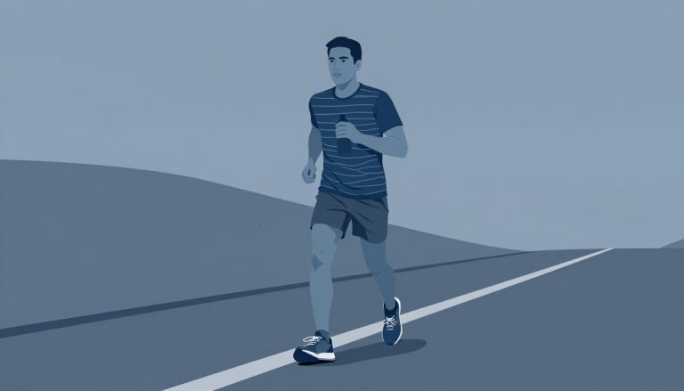 Un coureur tient une gourde devant une route qui monte doucement.