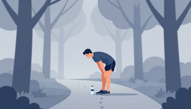 Un coureur épuisé s’arrête sur un chemin arboré au lever du soleil.