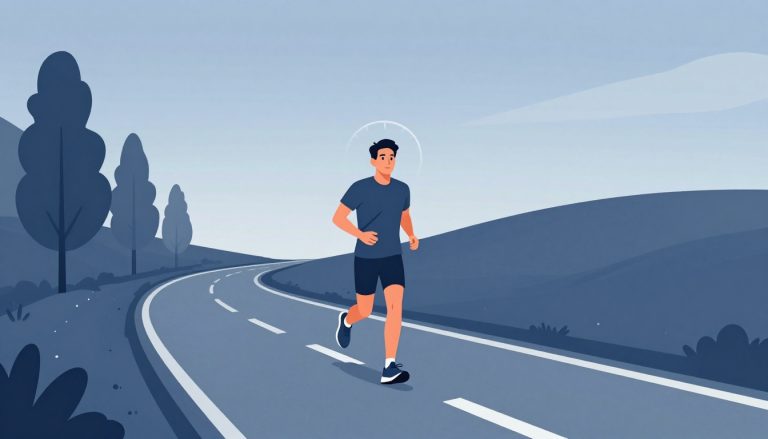 Un coureur pensif se tient sur une route qui monte, avec un halo de compteur à ses côtés.
