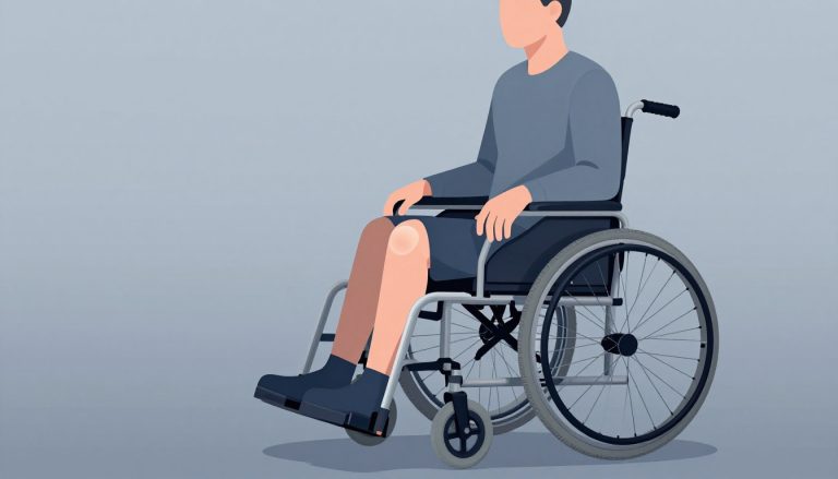 Personne en fauteuil roulant avec un genou gonflé mis en évidence en bleu.