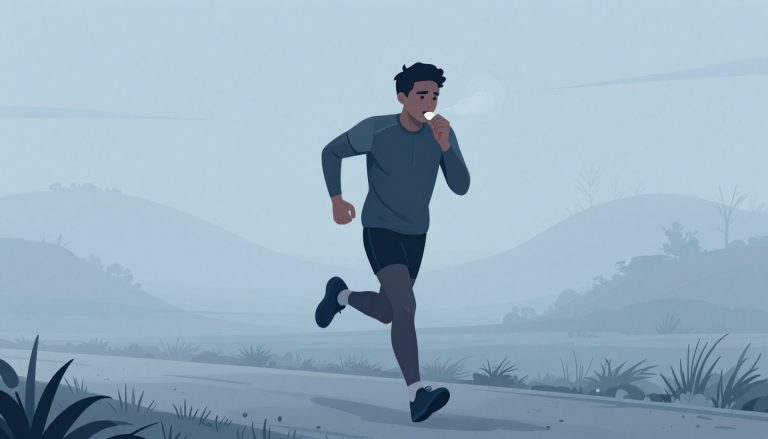 Un coureur tousse sur un chemin brumeux par temps froid.