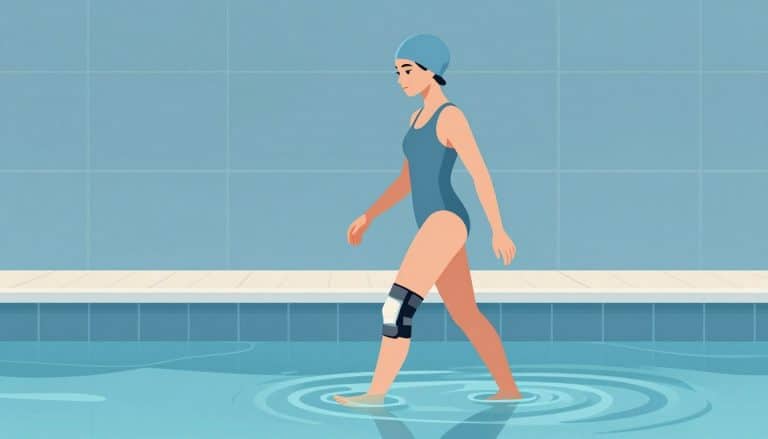 Une femme avec une genouillère marche dans une piscine, l’eau à hauteur de poitrine.